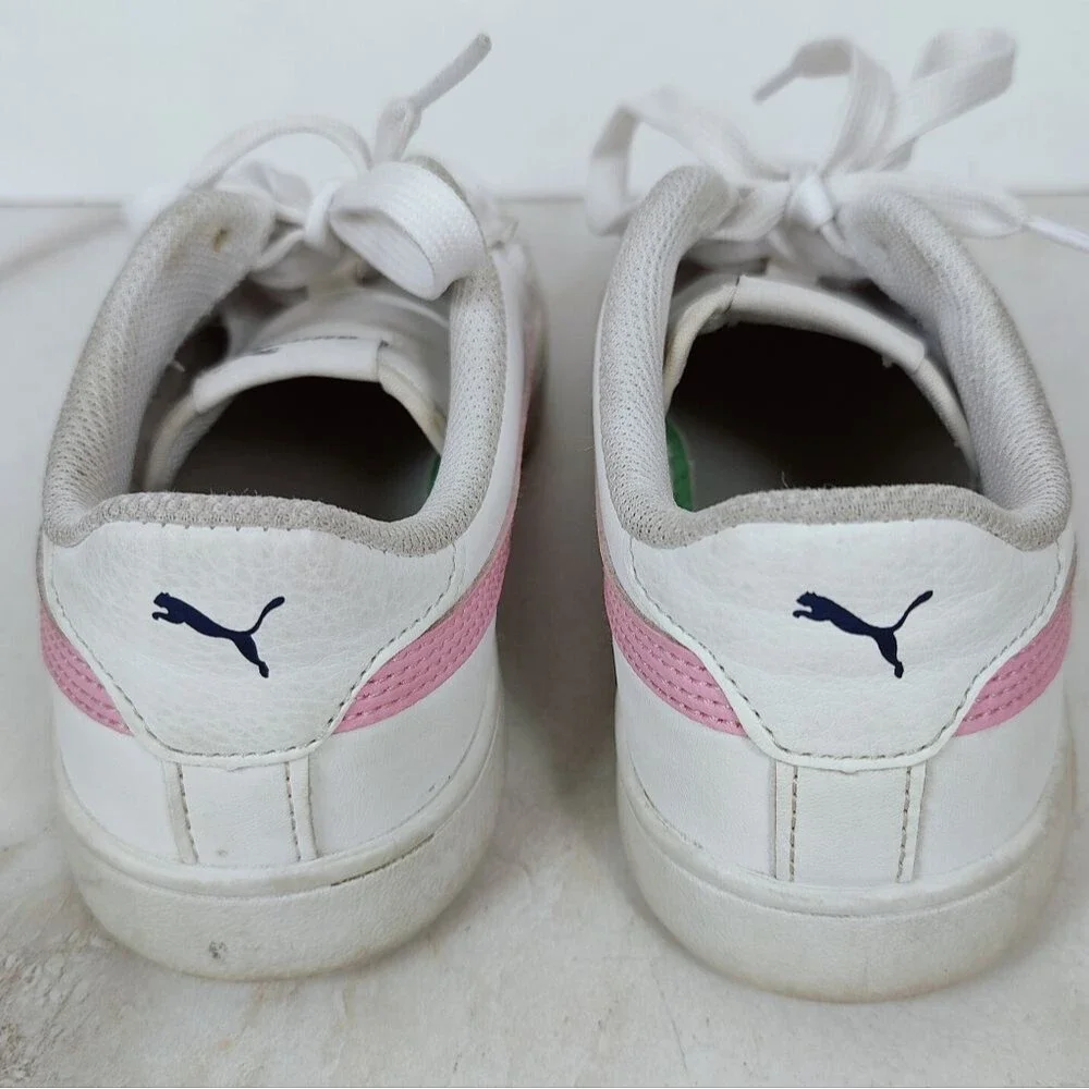 Puma Girls' Kids' Smash V2 L White Pink Low Sneakers Tennis Shoes, Sz 3C